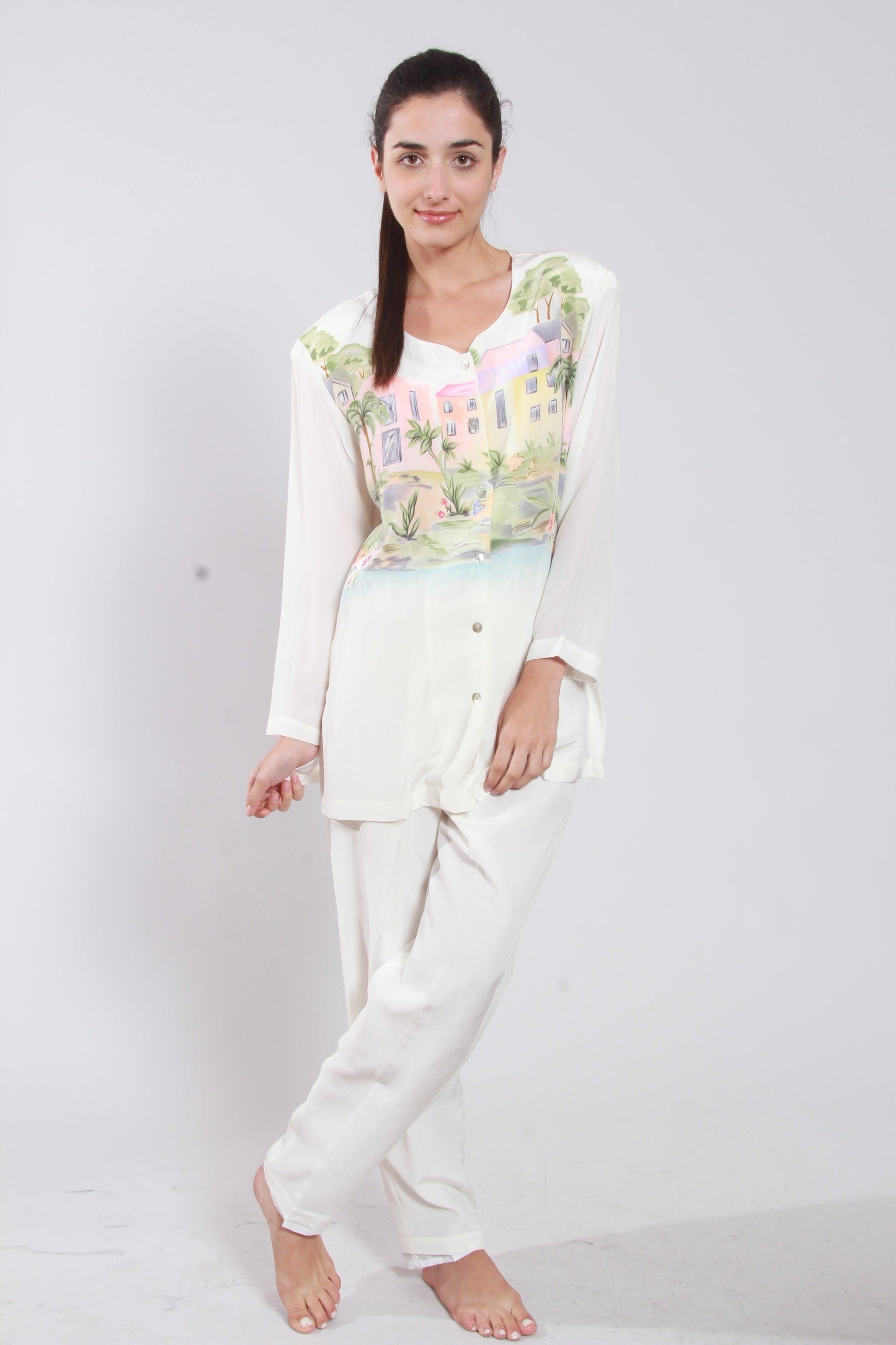 White Prints Blouse & Pant Set - NineSilk