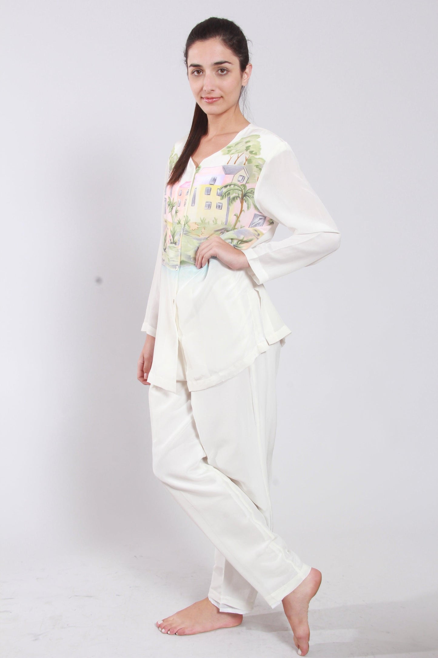 White Prints Blouse & Pant Set - NineSilk