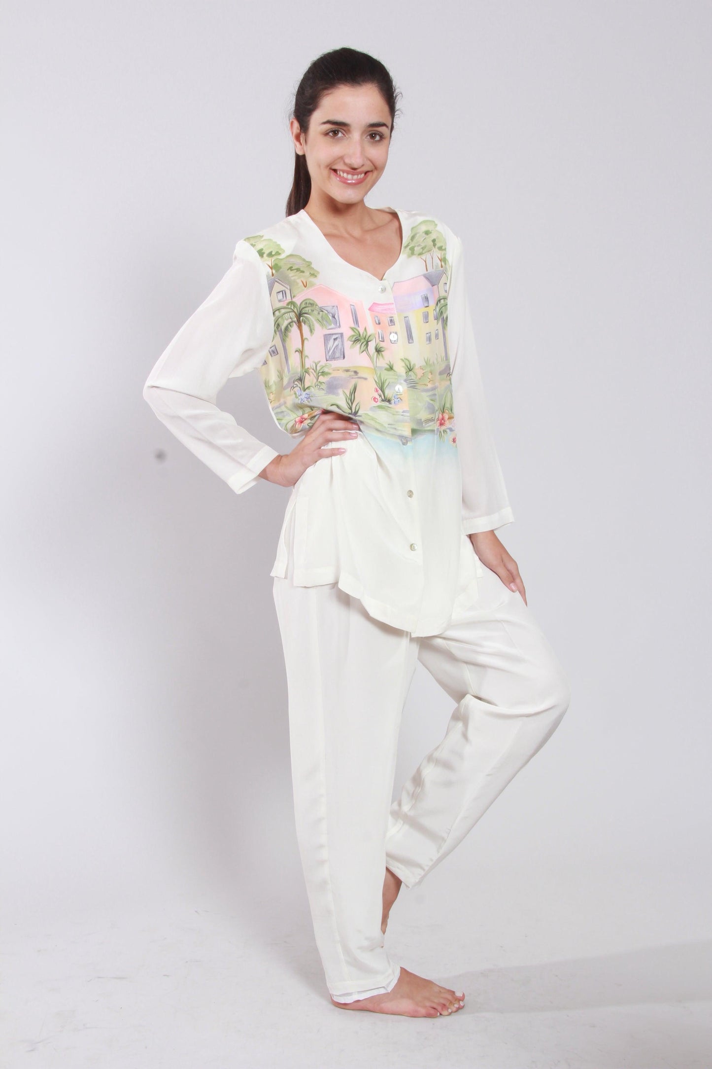 White Prints Blouse & Pant Set - NineSilk