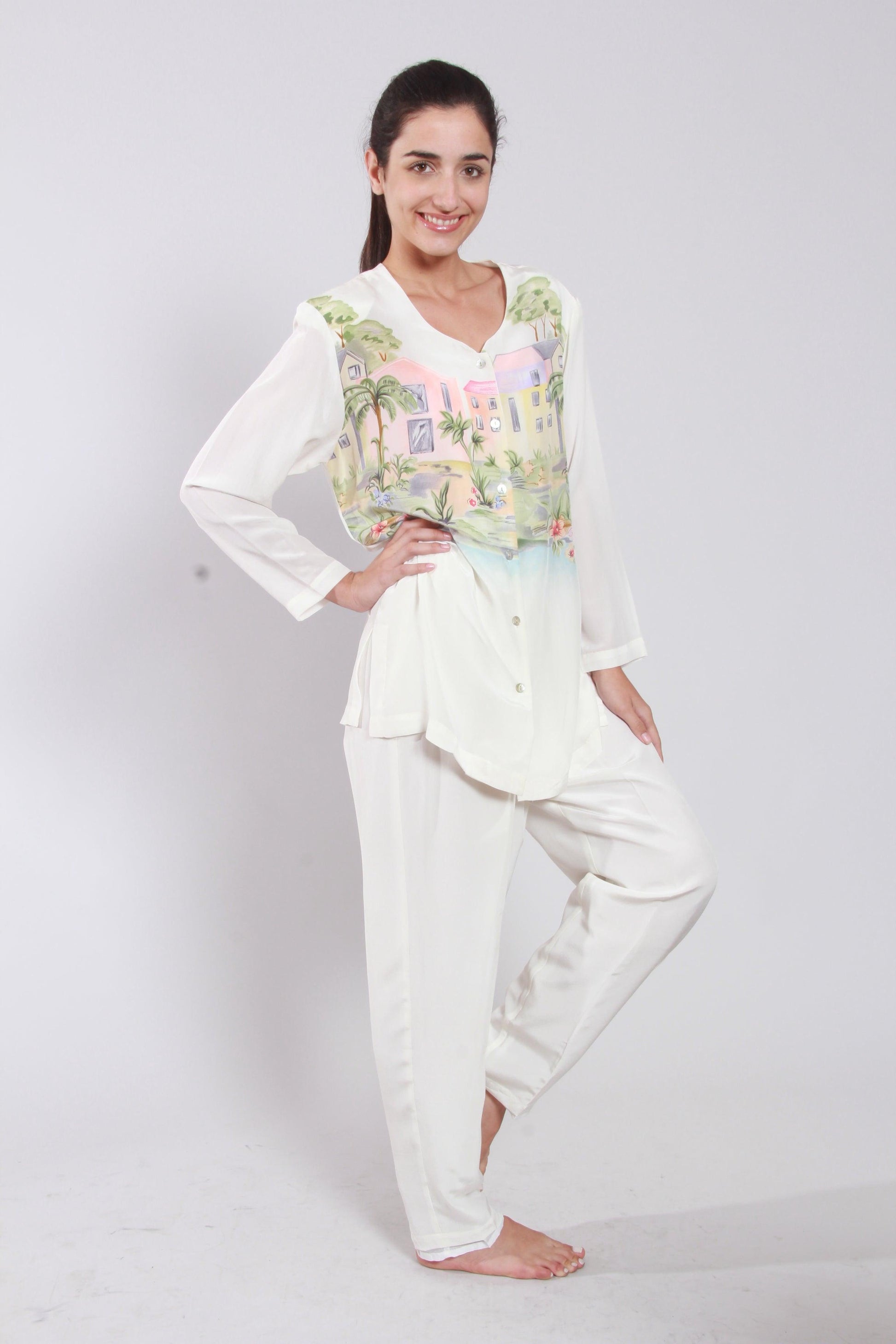 White Prints Blouse & Pant Set - NineSilk