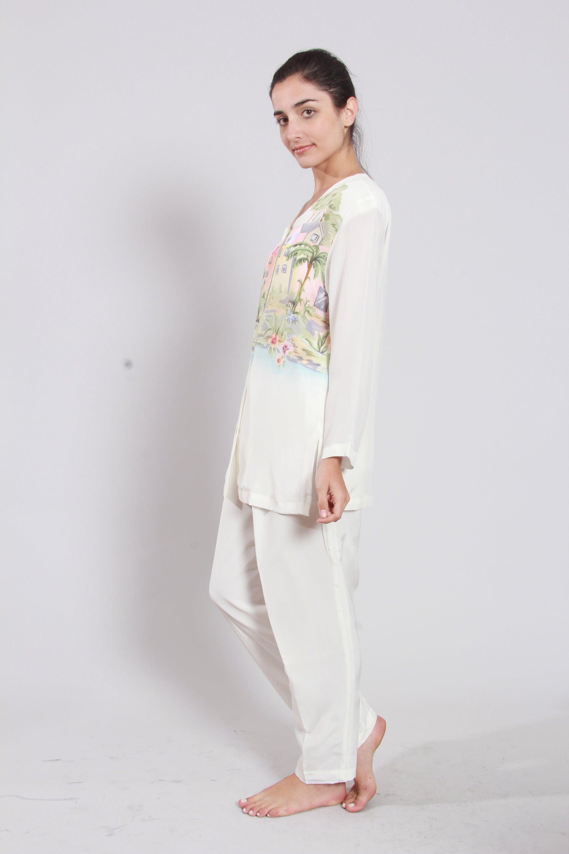 White Prints Blouse & Pant Set - NineSilk