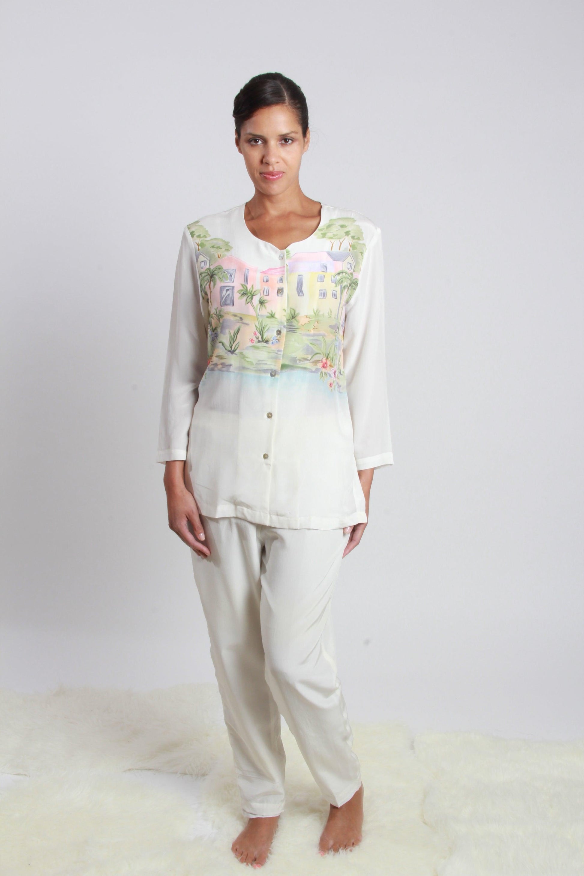 White Prints Blouse & Pant Set - NineSilk